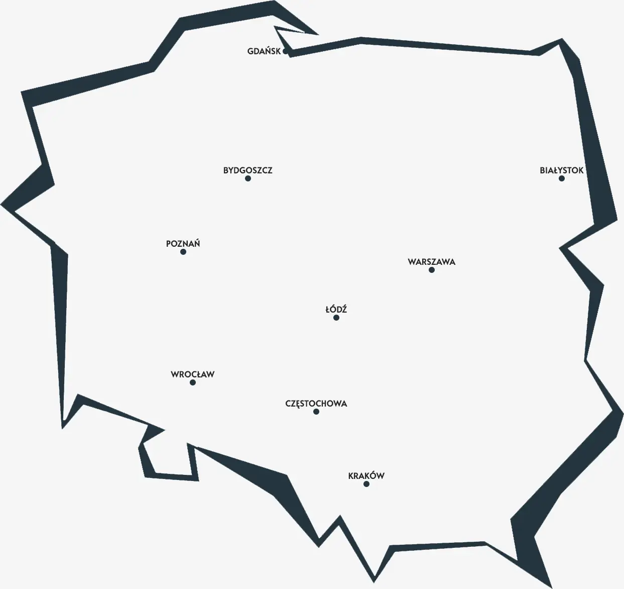 Obrys (kontury) Polski z zaznaczonymi większymi miastami